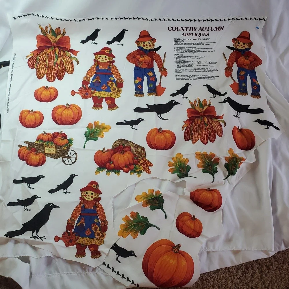 Country Autumn Applique Fabric Panel Cranston DIY Scarecrow Leaves Black Crow